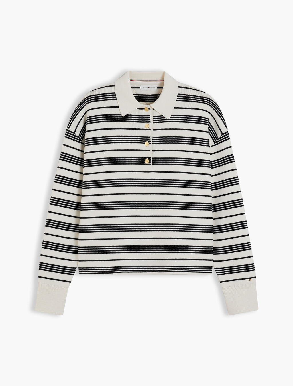 Premium Knit Gold-Tone Button Polo Jumper, Broken Stripe Ecru / Black, hi-res