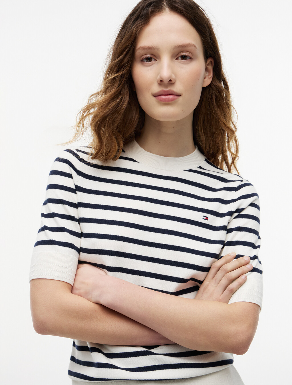 Fine Knit Jersey Short Sleeve Jumper, Ivory Petal/ Dark N Navy Breton Stp, hi-res
