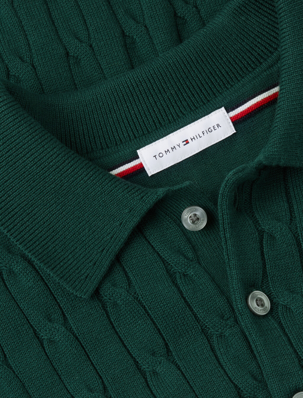Cable Knit Polo Jumper, Ornamental Green, hi-res