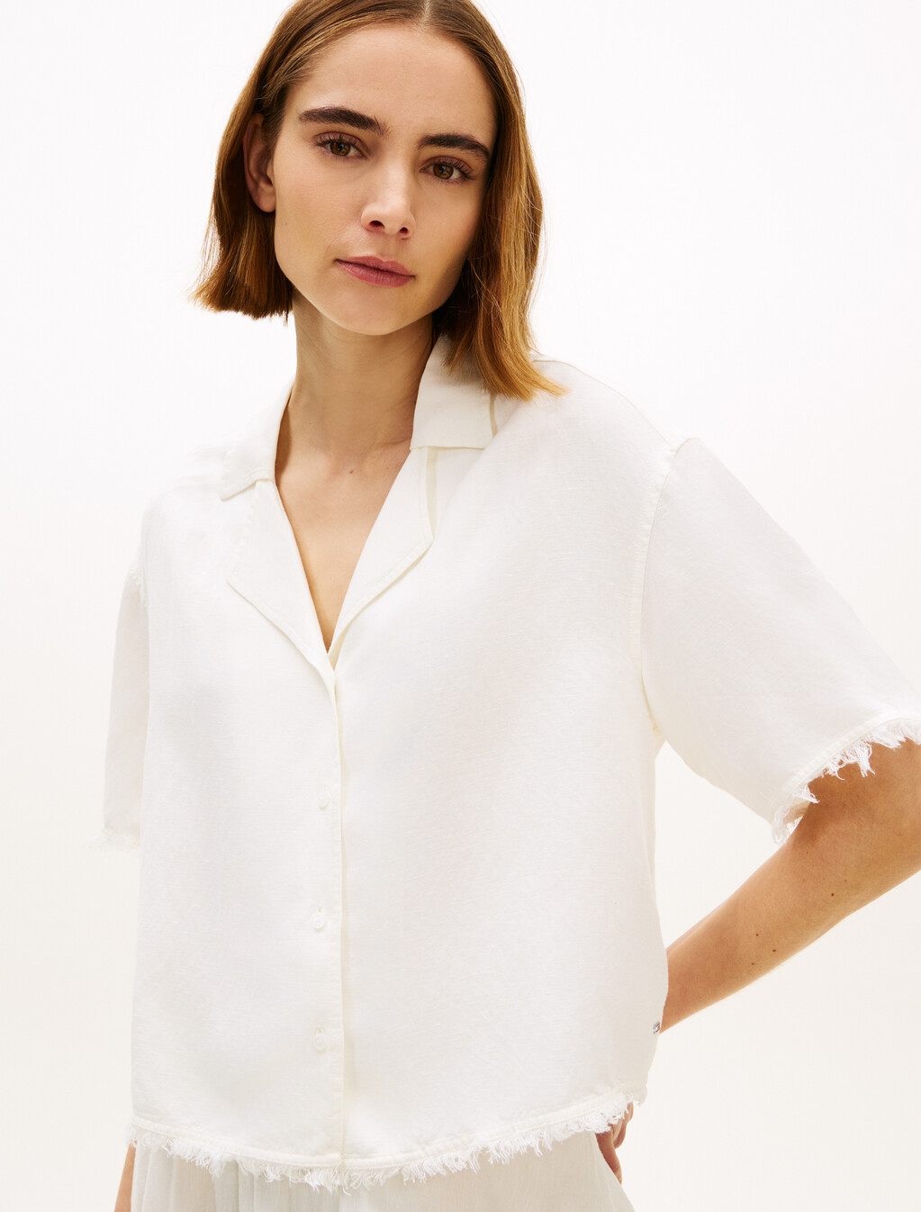 Relaxed Fit Frayed Linen Blend Shirt, Ivory Silk, hi-res