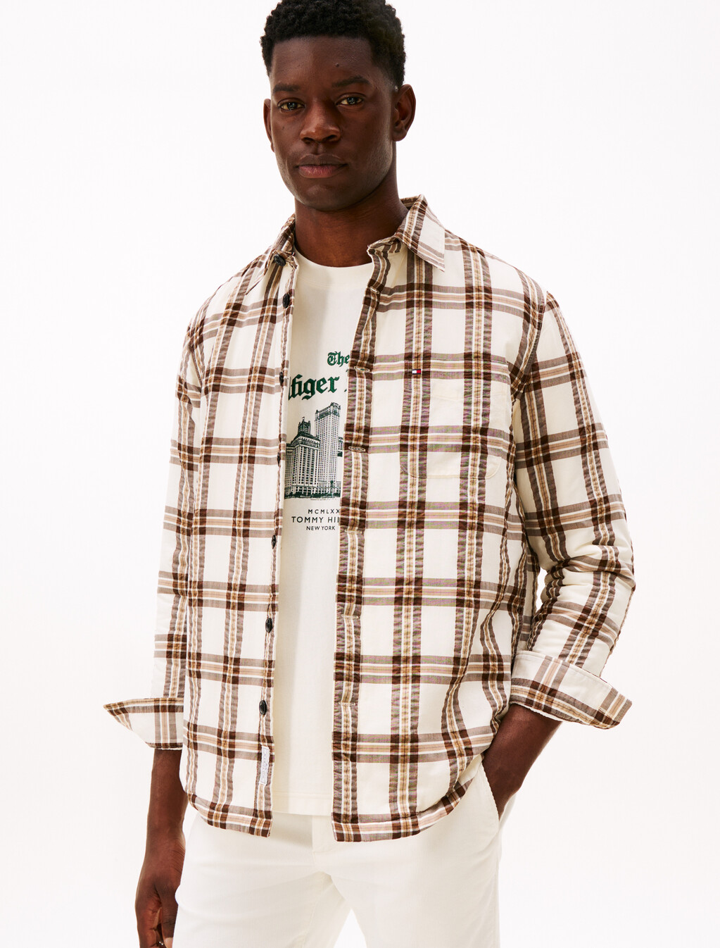 Relaxed Fit Padded Seersucker Overshirt, Legacy Brown / Check, hi-res