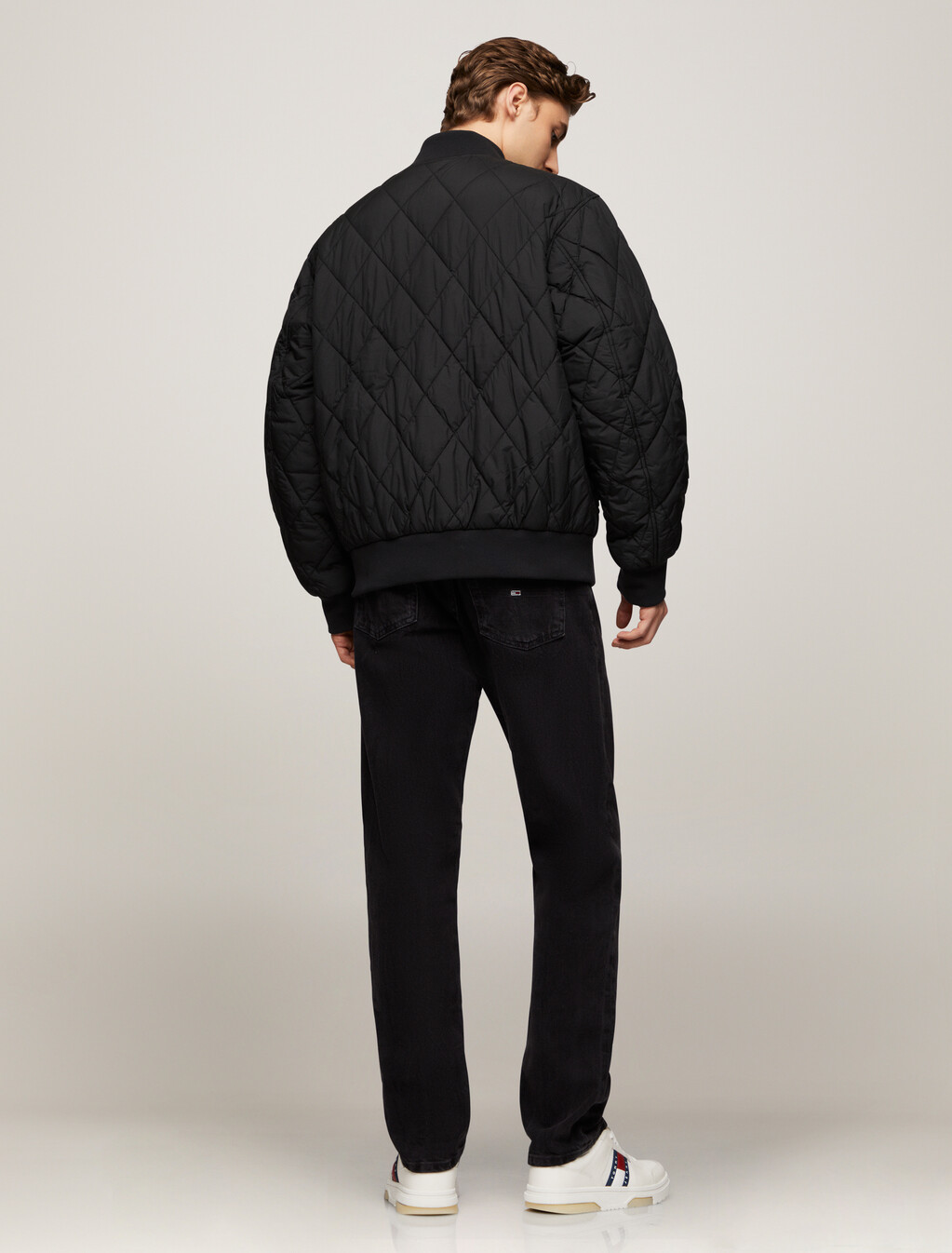 Logo Badge Relaxed Quilted Bomber Jacket, Black, hi-res