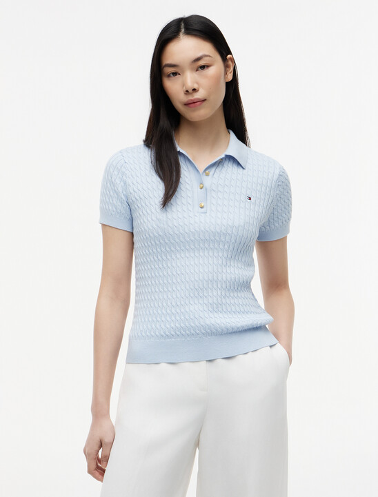 Fine Gauge Cable Knit Polo  Short Sleeve Jumper