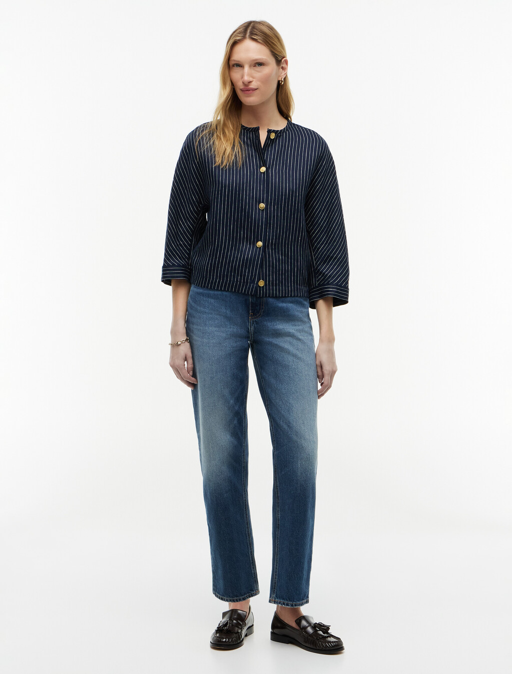 Relaxed Gold-Tone Button Pinstripe Blouse, Pin Stripe Navy, hi-res