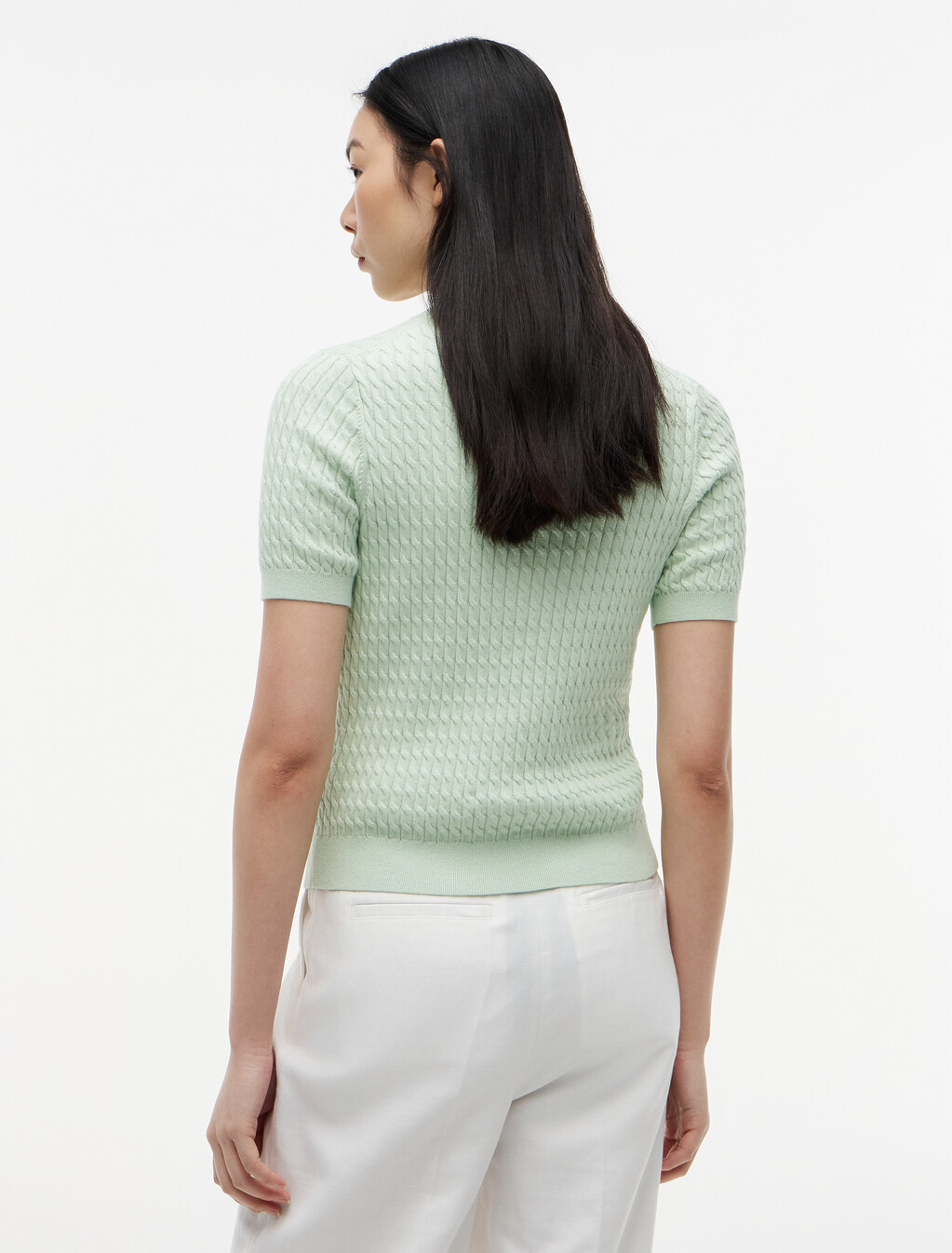 Fine Gauge Cable Knit Short Sleeve Jumper, Gentle Jade, hi-res