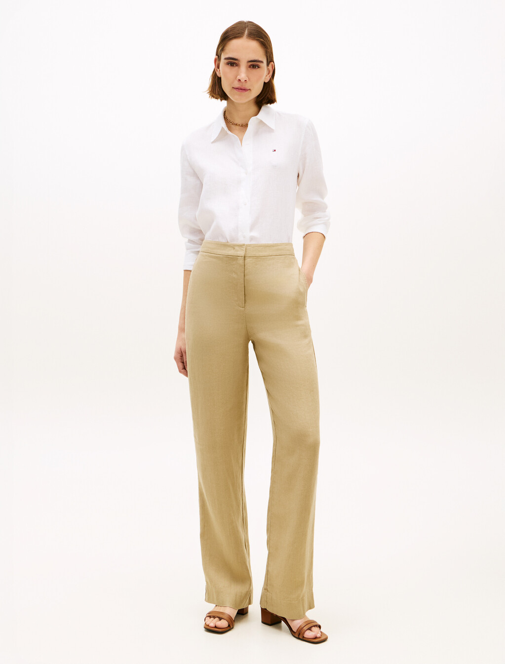 Essential Linen Tailored Straight Pant, Beige, hi-res