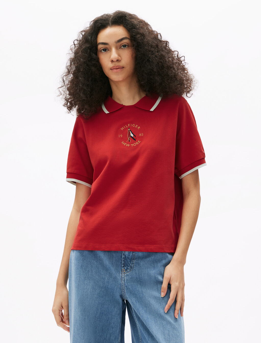 Motion Flag Embroidery Crewneck Polo, Primary Red, hi-res