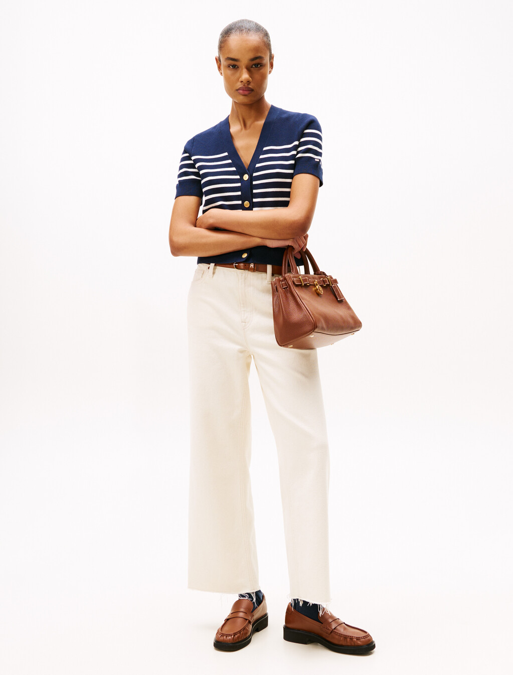 Jersey Gold-Tone Button Short Sleeve Cardigan, Placed Thin White Stp Sweaters, hi-res