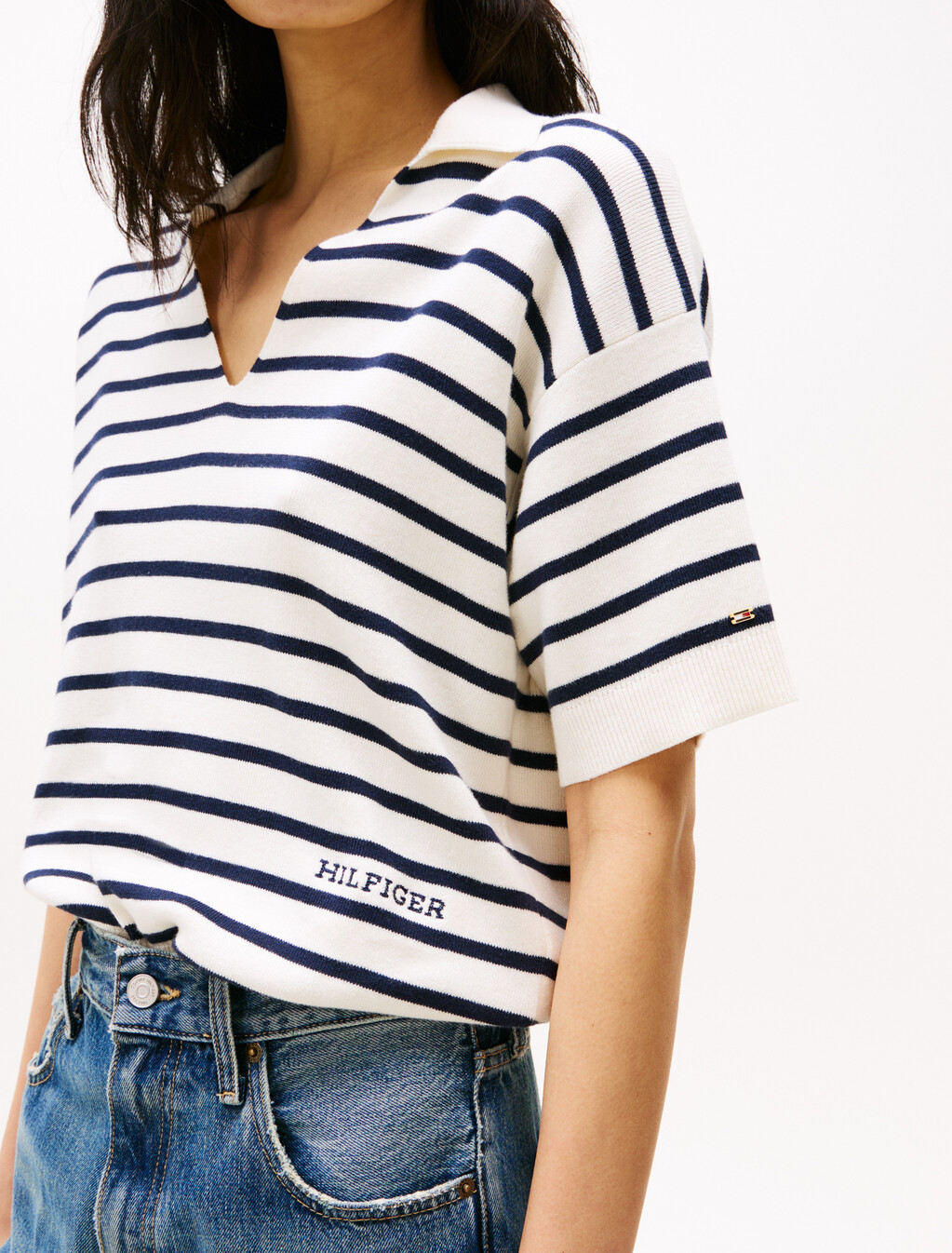 Stripe Short Sleeve Polo Jumper, Ivory Petal/Dark Night Navy Stp, hi-res