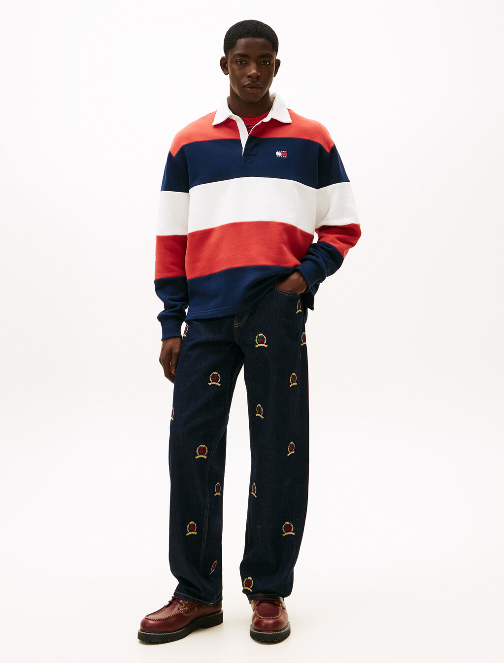 Tommy Badge Stripe Relaxed Rugby Shirt, D N Navy / Terracotta Red / Ecru, hi-res