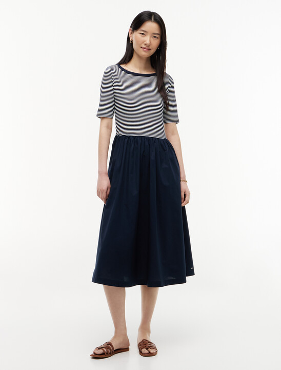 Gold-Tone Button Ribbed Midi Flare Dress