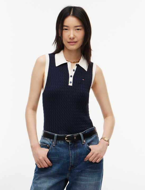 Cable Knit Contrast Sleeveless Polo Jumper