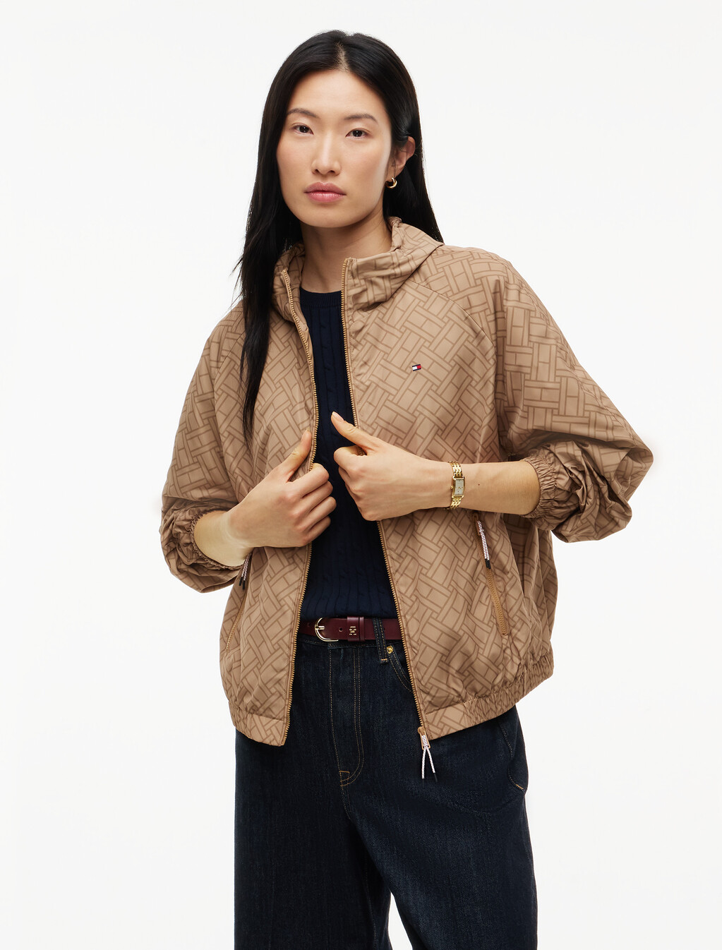 Relaxed Hooded Zip-Thru Windbreaker, Beige Monogram Flag, hi-res