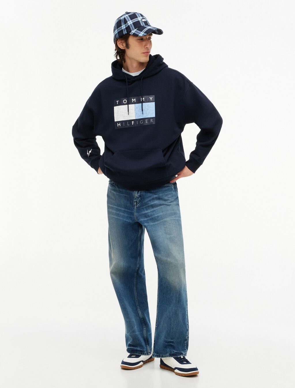 Washed Flag Logo Fleece Relaxed Hoody, Navy Blue, hi-res