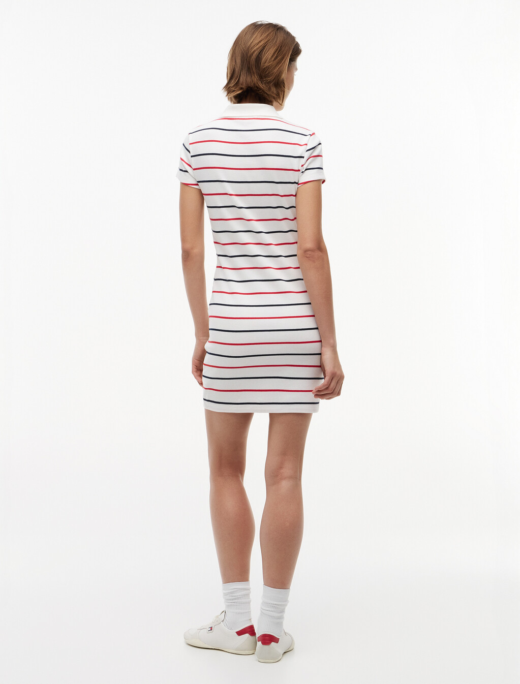 Ribbed Bodycon Long Mini Polo Dress, Ecru / Multi Stripe, hi-res