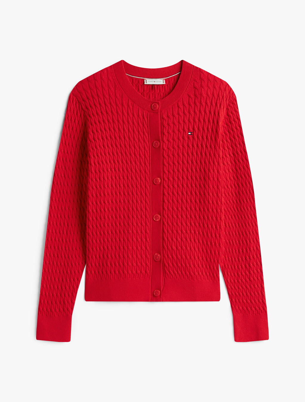 Cable Knit Crew Neck Cardigan, Primary Red, hi-res
