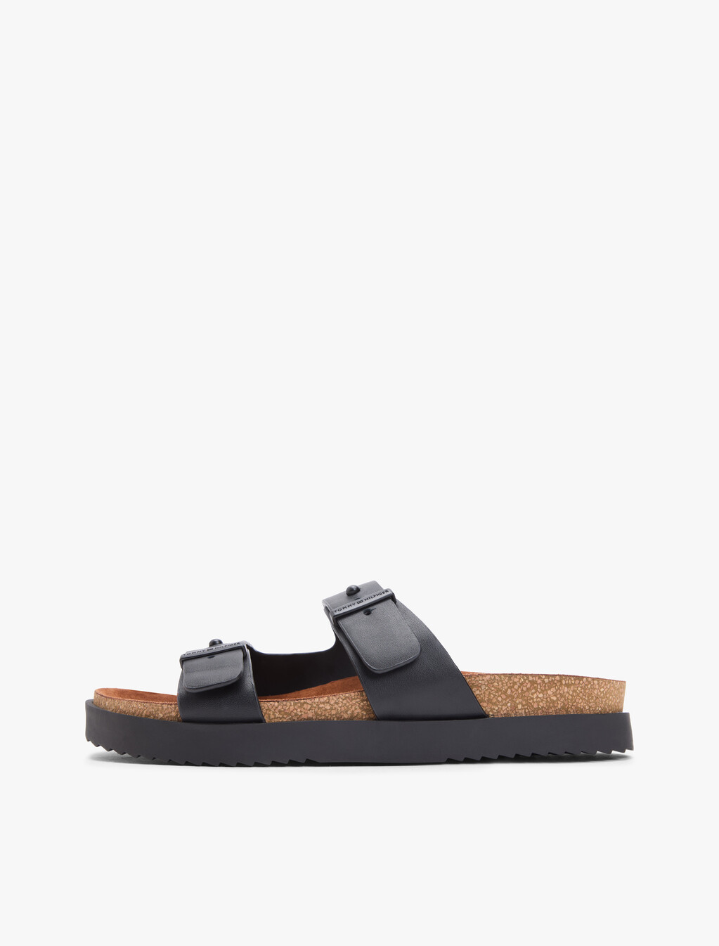 Pin Buckle Cork Midsole Leather Sandals, Black, hi-res