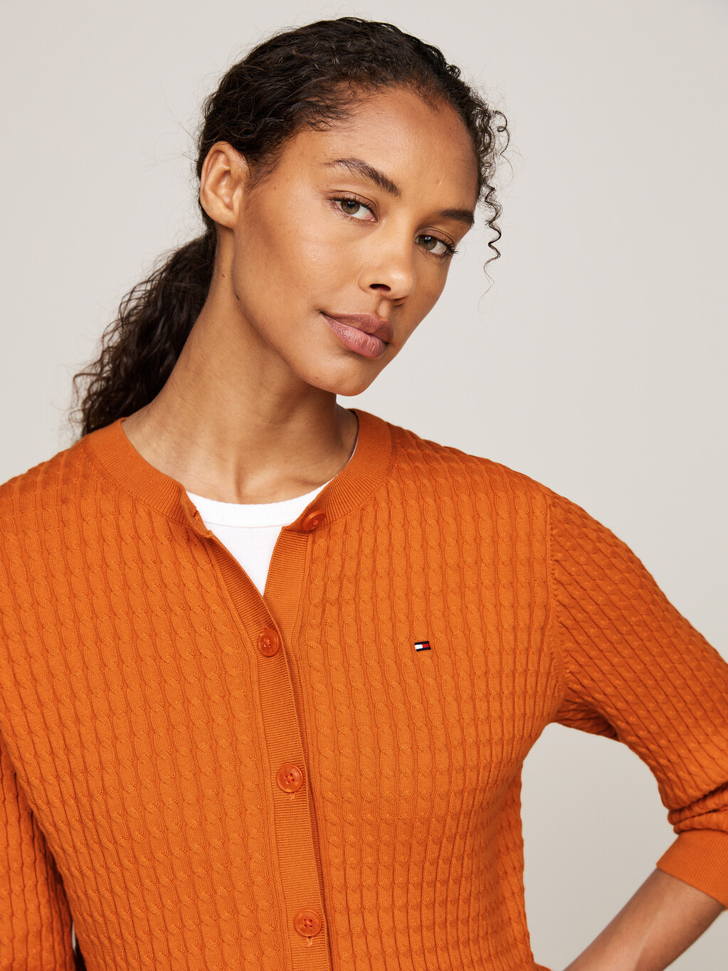 Cable Knit Round Neck Cardigan, Autumn Orange, hi-res