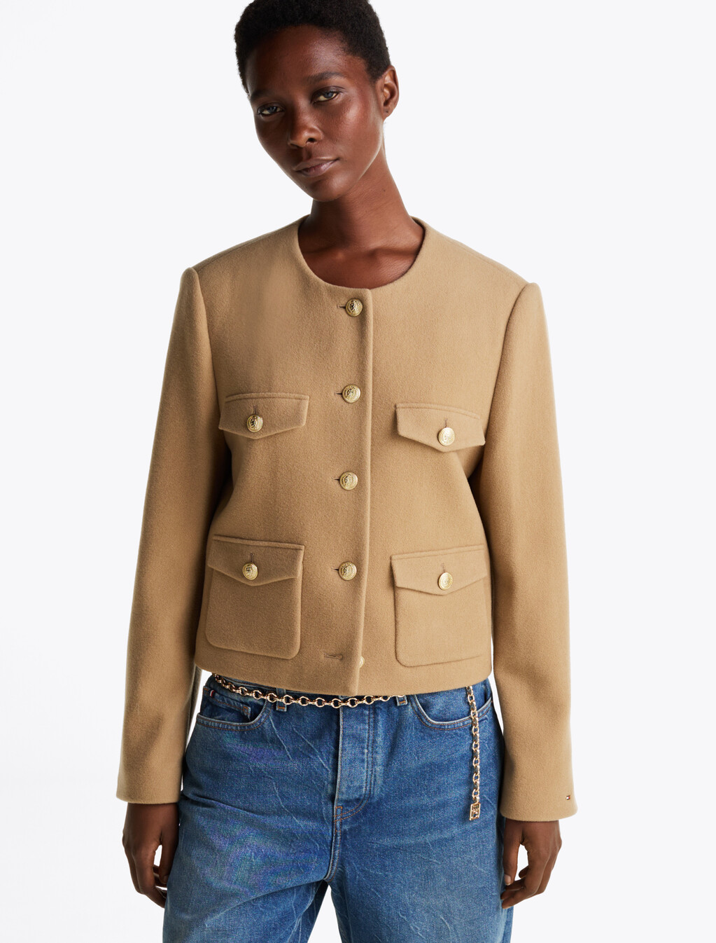 Double Faced Wool Rich Cropped Jacket, Classic Khaki, hi-res