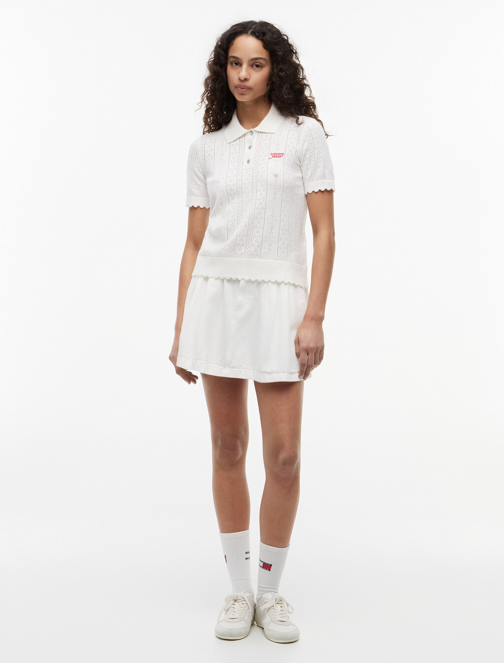 Pointelle Flag Short Sleeve Polo Jumper, Ancient White, hi-res
