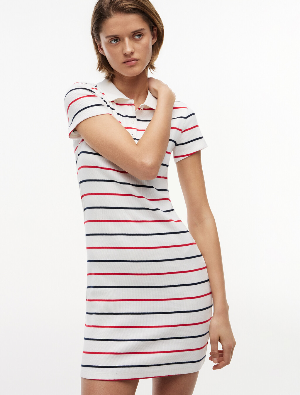 Ribbed Bodycon Long Mini Polo Dress, Ecru / Multi Stripe, hi-res
