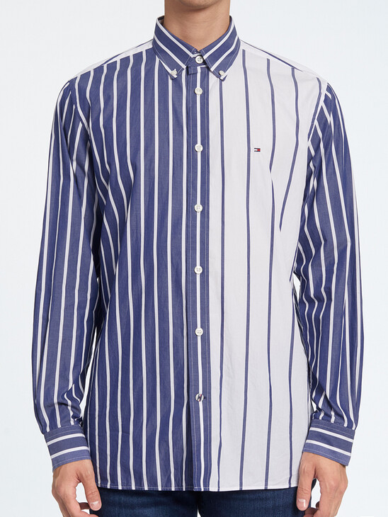 MIXED PINSTRIPE COLOR-BLOCKED CASUAL FIT SHIRT