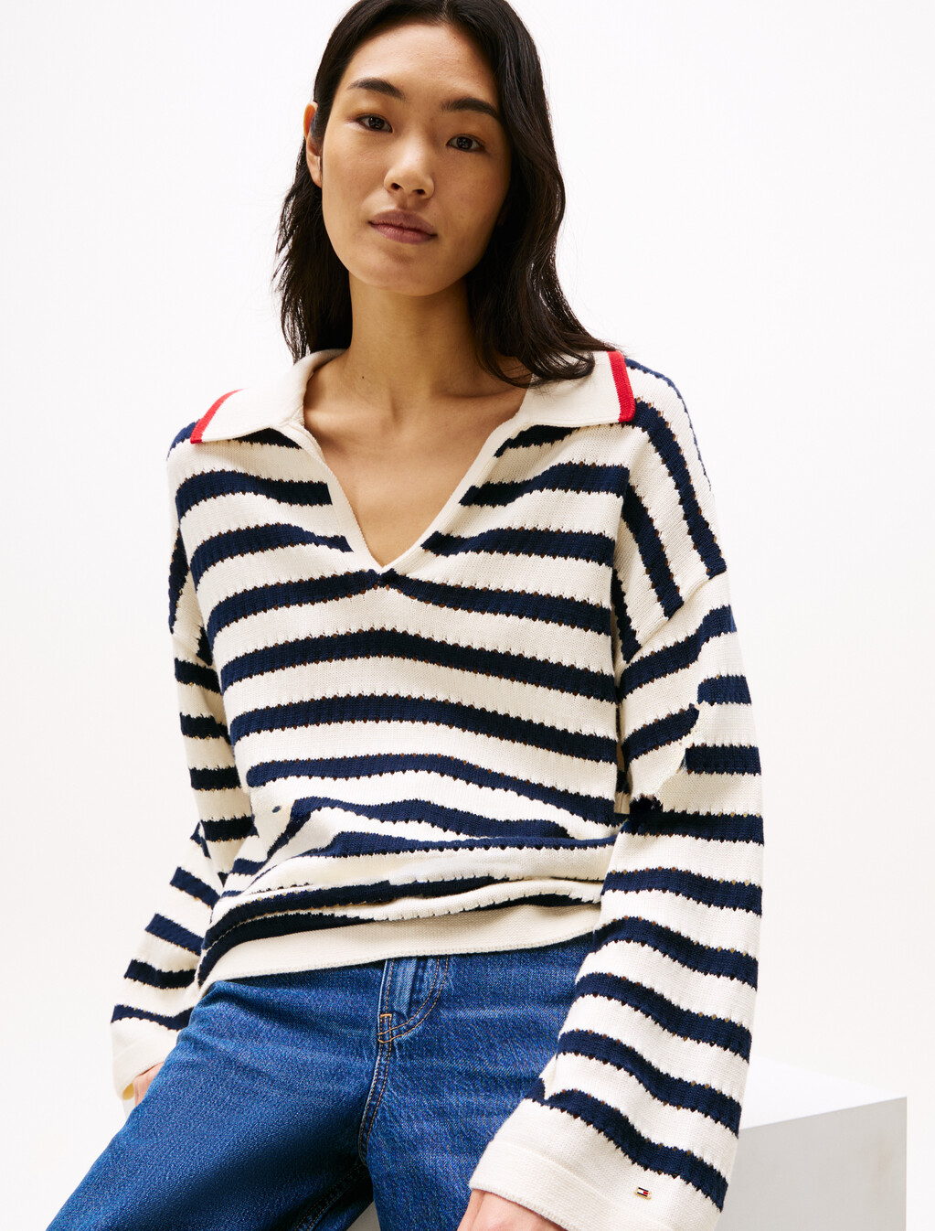 Pointelle Stripe Relaxed Jumper, Dark Night Navy Stripe, hi-res