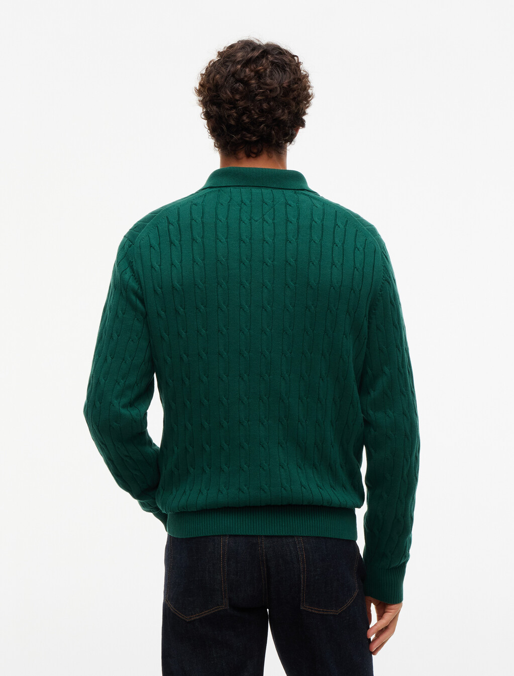 Cable Knit Polo Jumper, Ornamental Green, hi-res