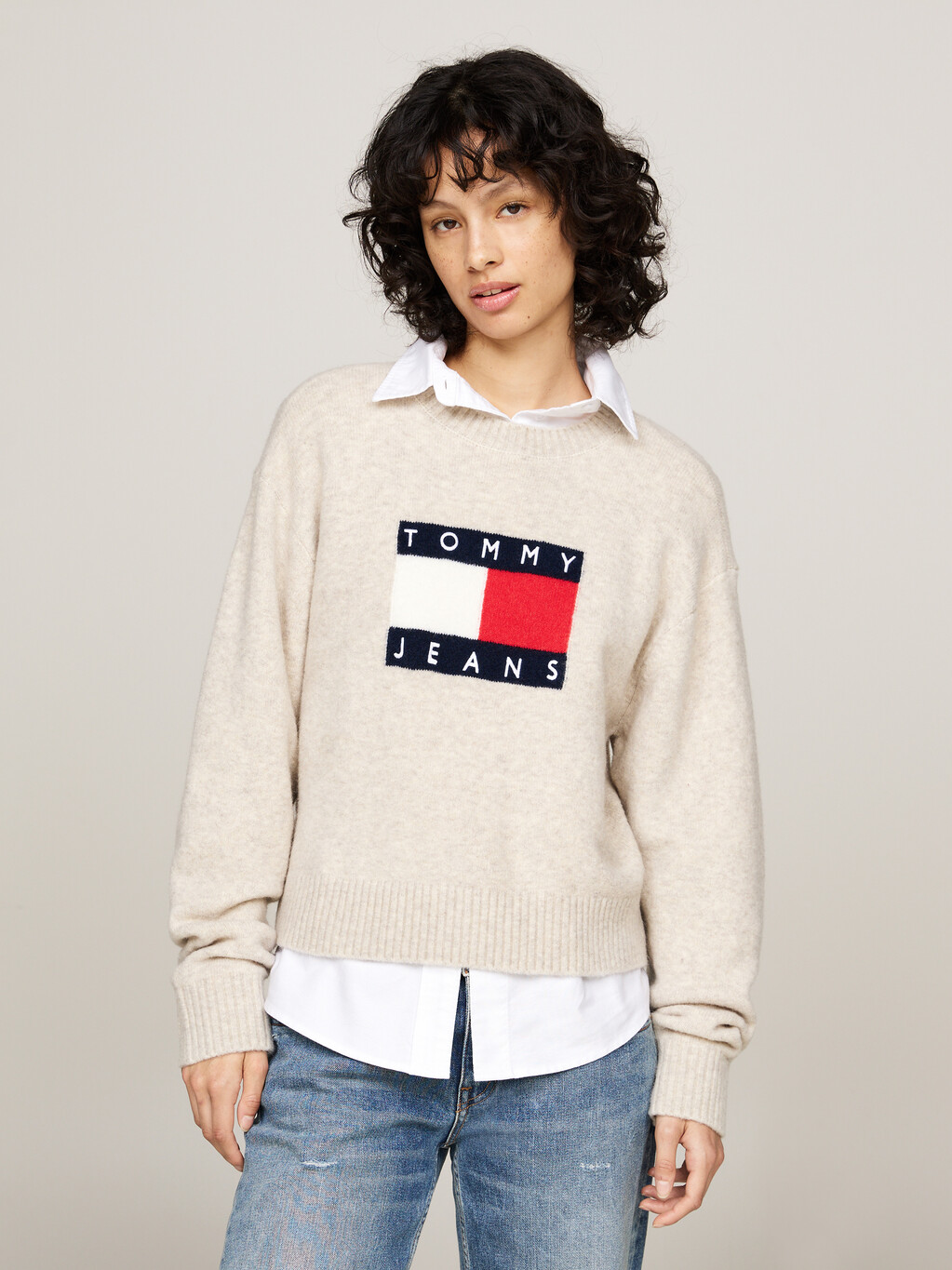 Mélange Relaxed Jumper with Wool, Ancient White Melange, hi-res