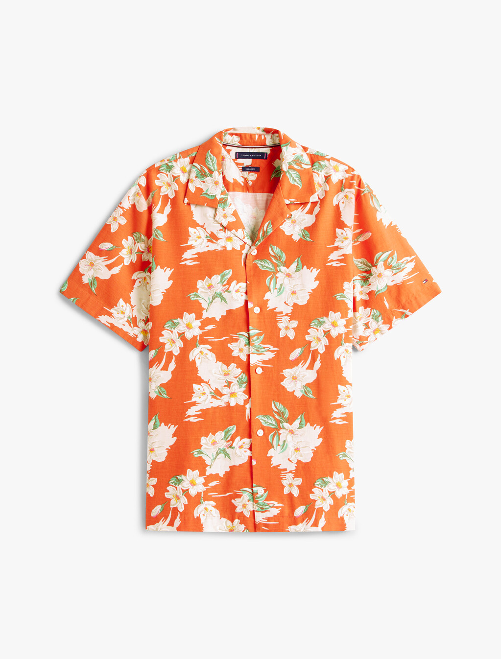 Lightweight Floral Print Viscose Shirt, Brilliant Orange / Allover, hi-res