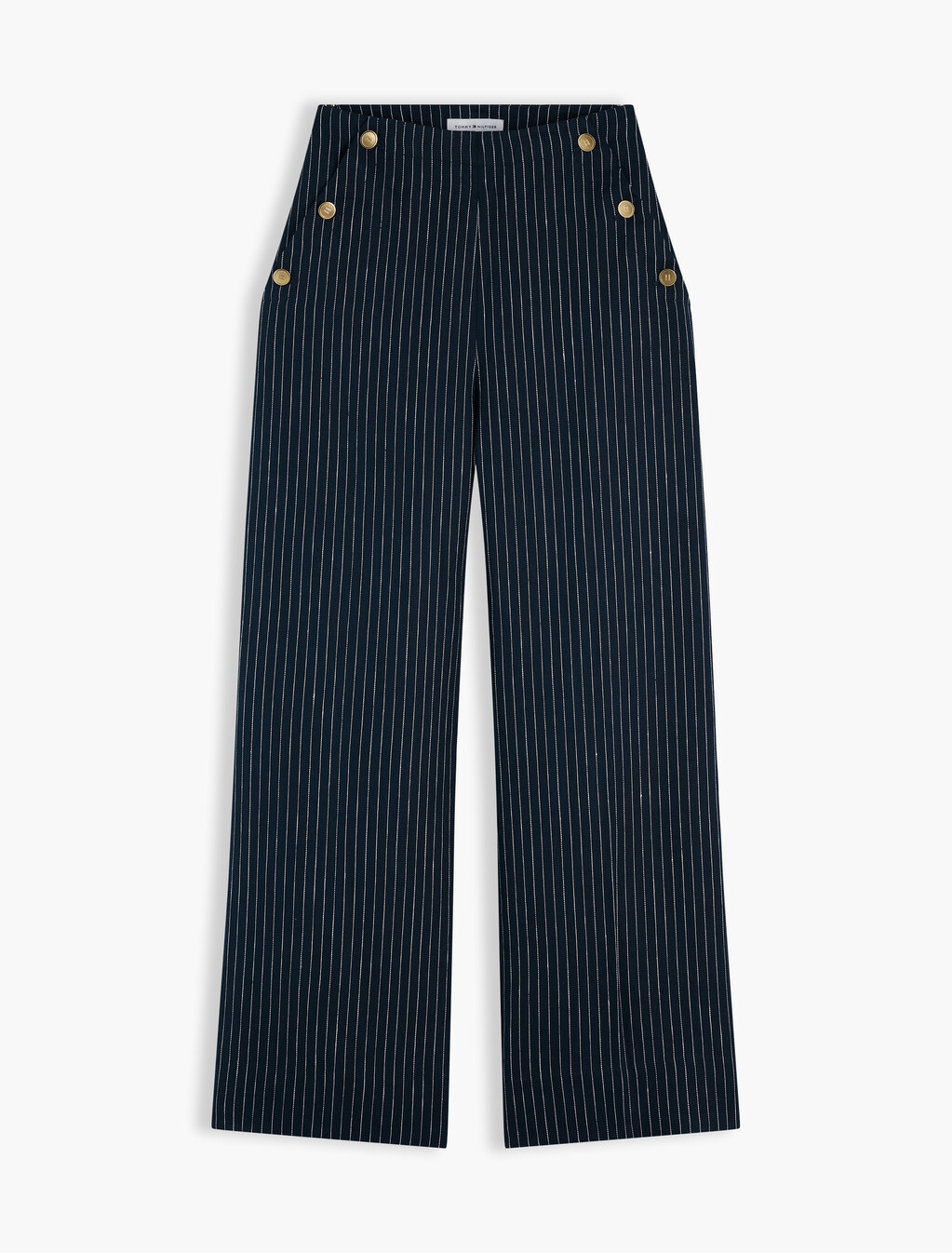Pinstripe Gold-Tone Button Wide Leg Trousers With Linen, Pin Stripe Navy, hi-res