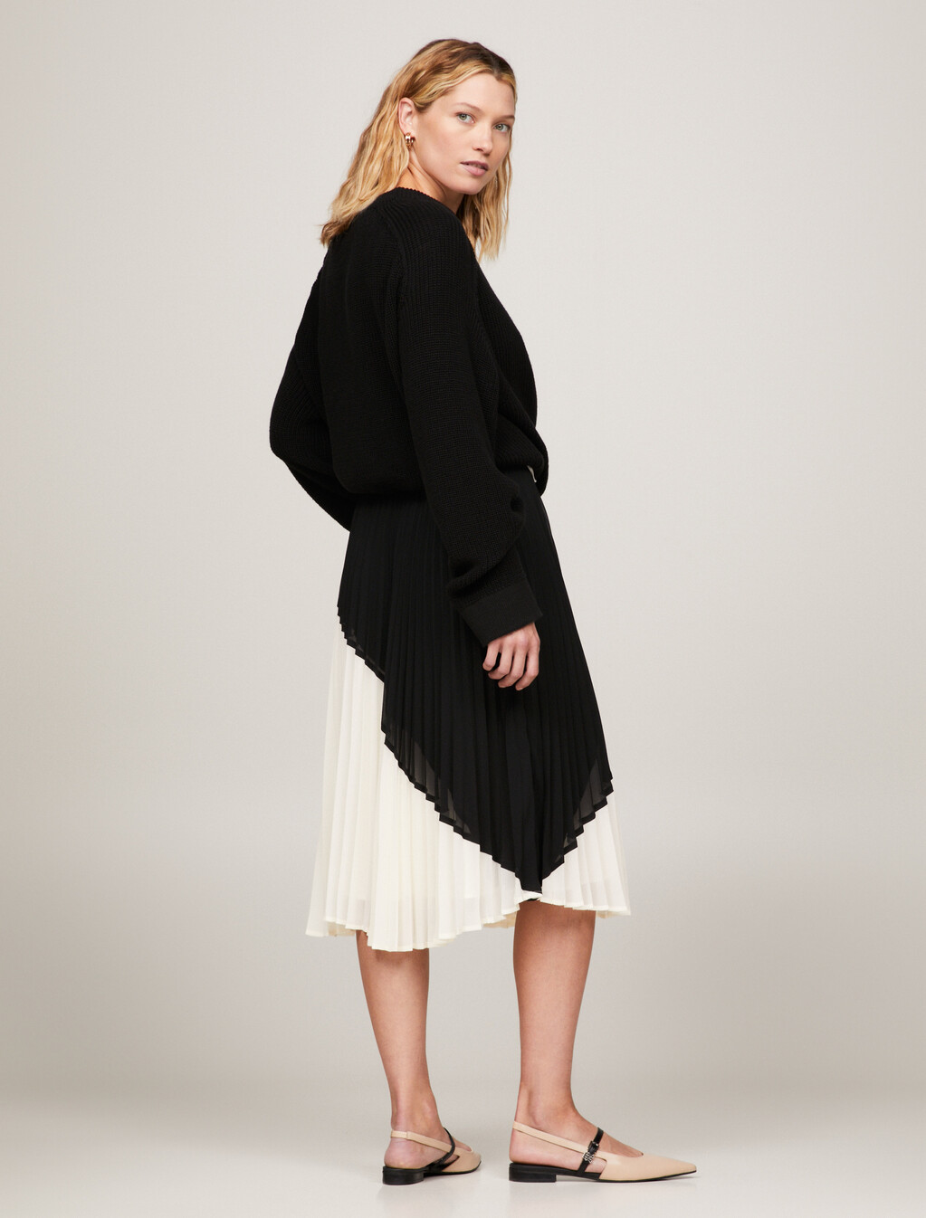 Colour-Blocked Pleated Flare Midi Skirt, Black/ Calico Colorblocked, hi-res