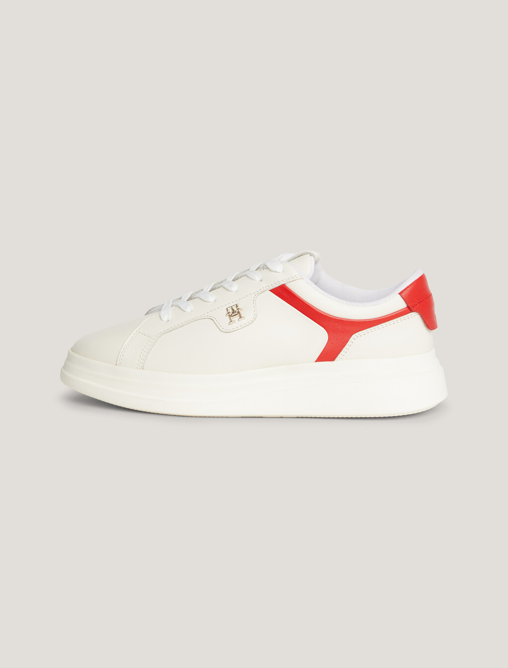 Leather TH Monogram Court Trainers, Ecru/Fierce Red, hi-res