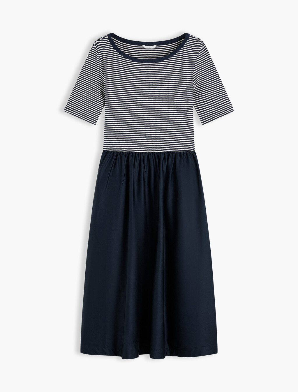 Gold-Tone Button Ribbed Midi Flare Dress, Dark Night Navy /Ecru Stp, hi-res