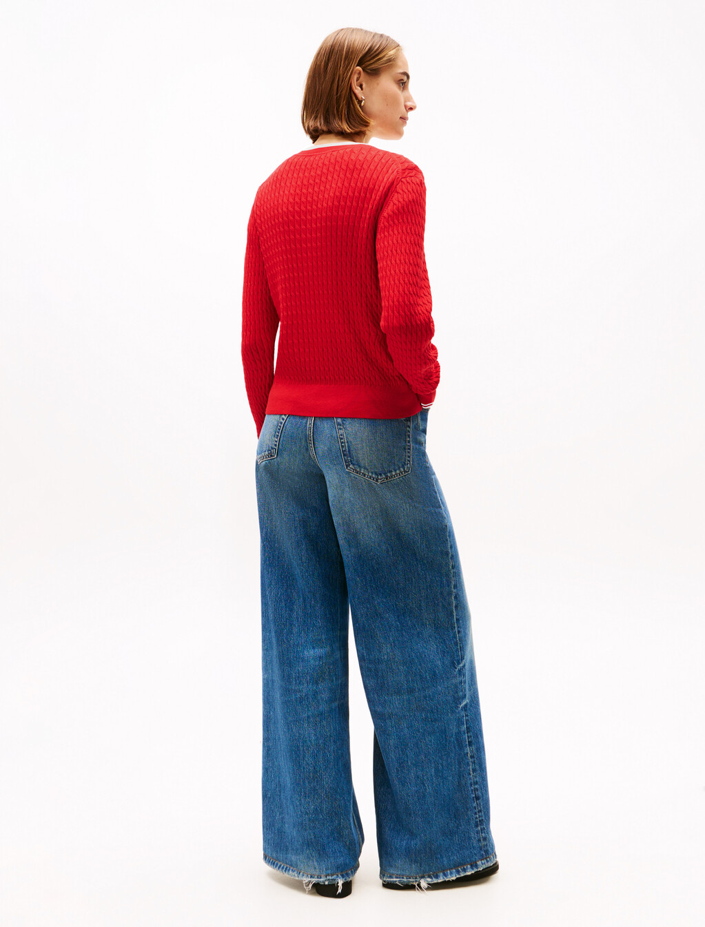 Cable Knit Crew Neck Cardigan, Primary Red, hi-res