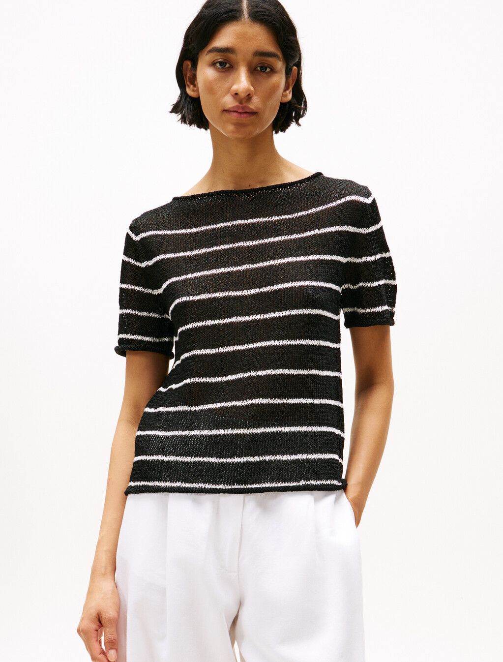 Textured Rayon Boat Neck Sweater, Black Stripe/Ecru, hi-res