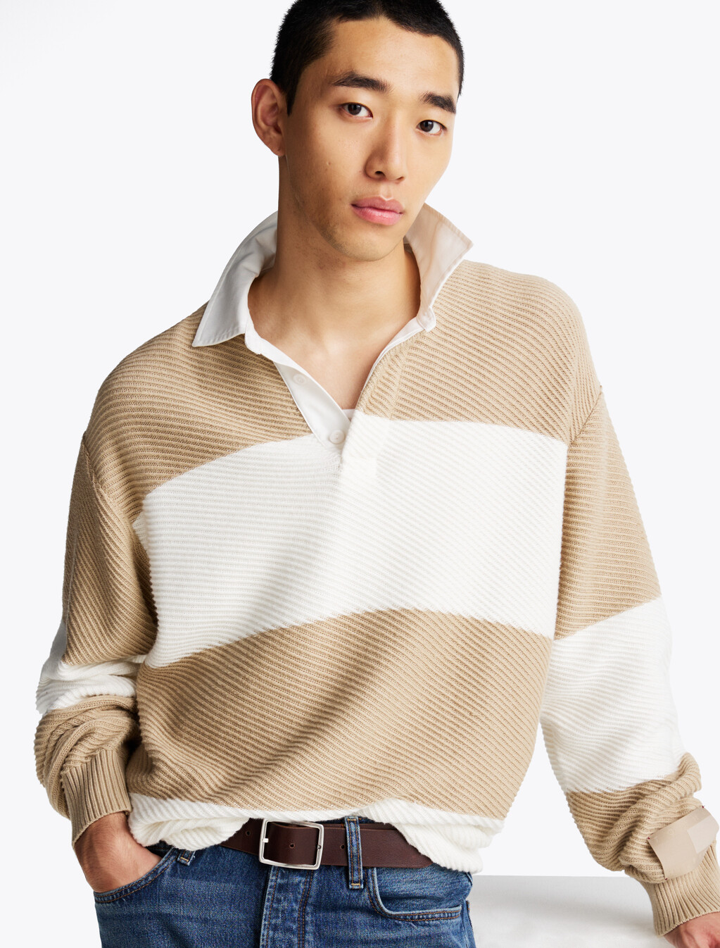 Rugby Jumper With Cashmere, Sandalwood/ Ivory Stripe, hi-res