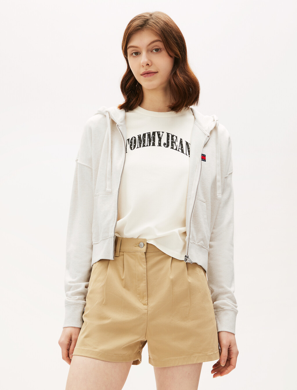 Boxy Cropped Zip Through Hoodie, Oat Marl Htr, hi-res