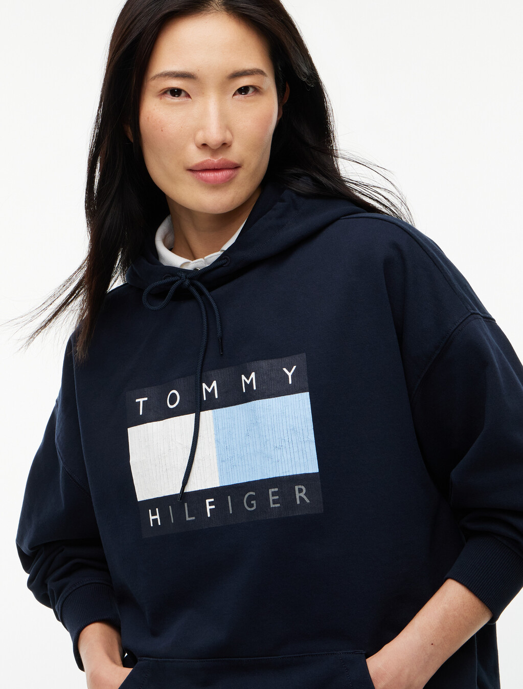 Washed Flag Logo Fleece Relaxed Hoody, Navy Blue, hi-res