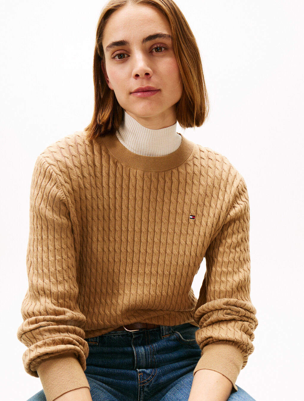 Fine Cable Knit Crew Neck Jumper, Safari Canvas, hi-res