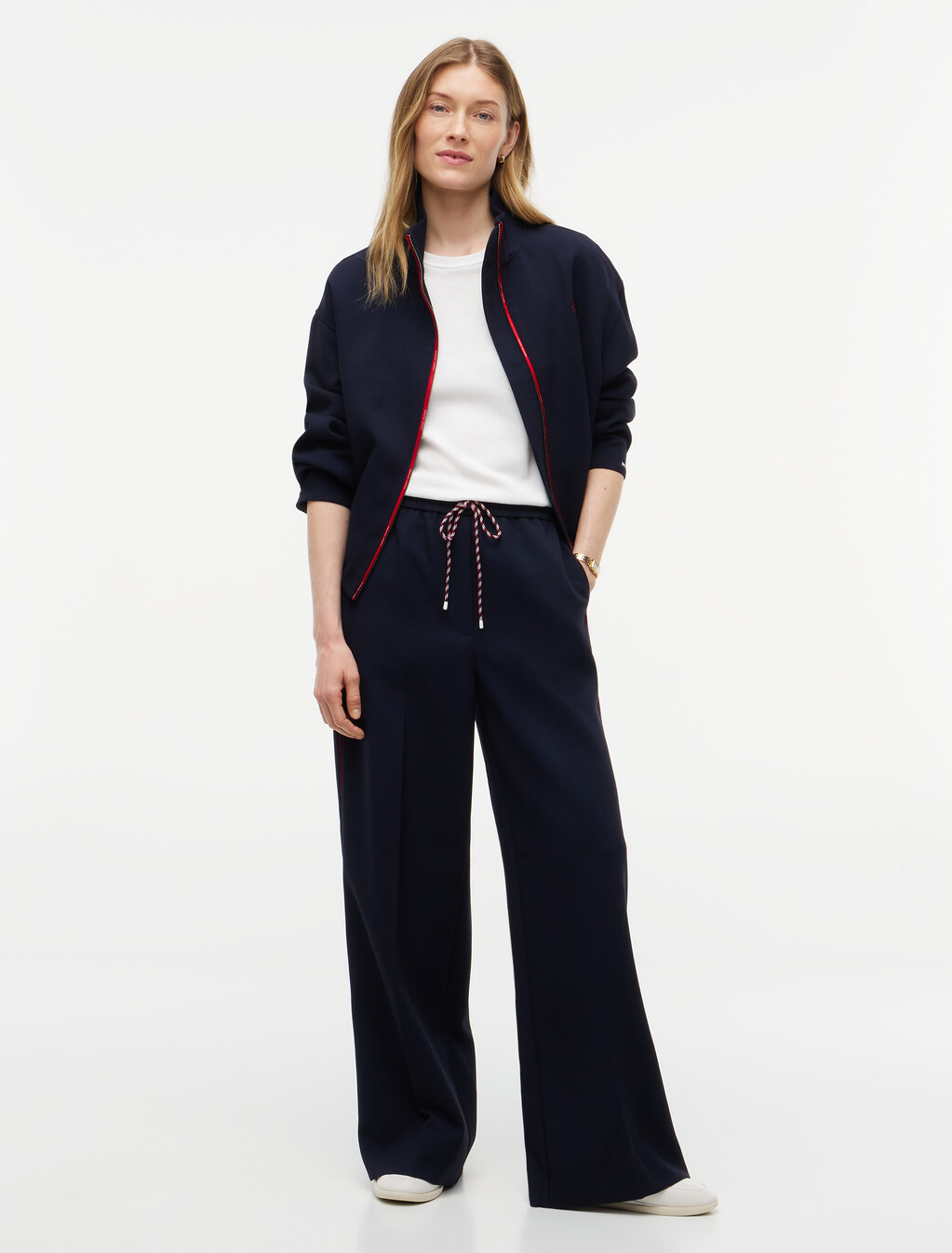 Global Stripe Drawstring Wide Leg Trousers, Dark Blue, hi-res