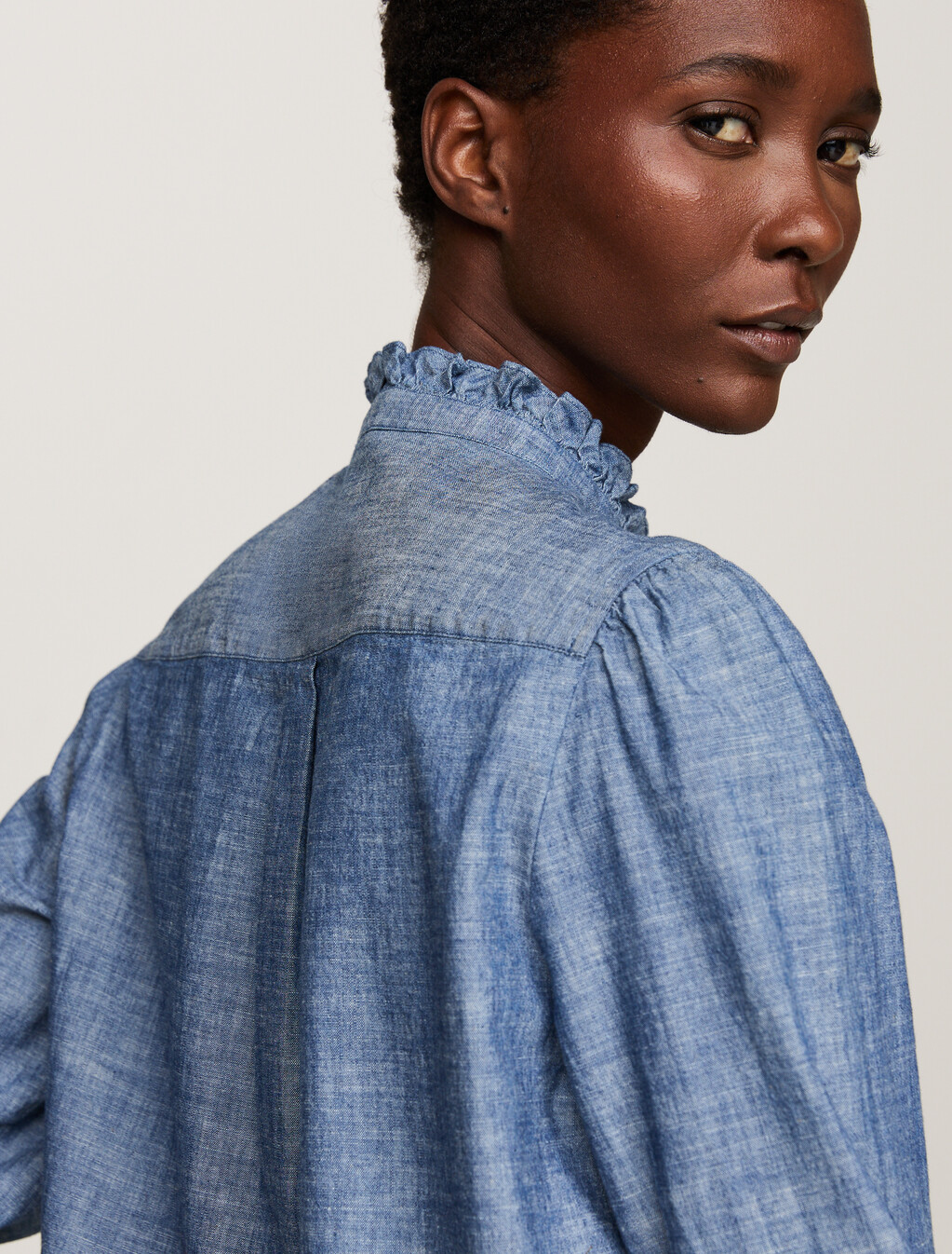 Ruffle Relaxed Chambray Shirt, Mid Blue Chambray, hi-res