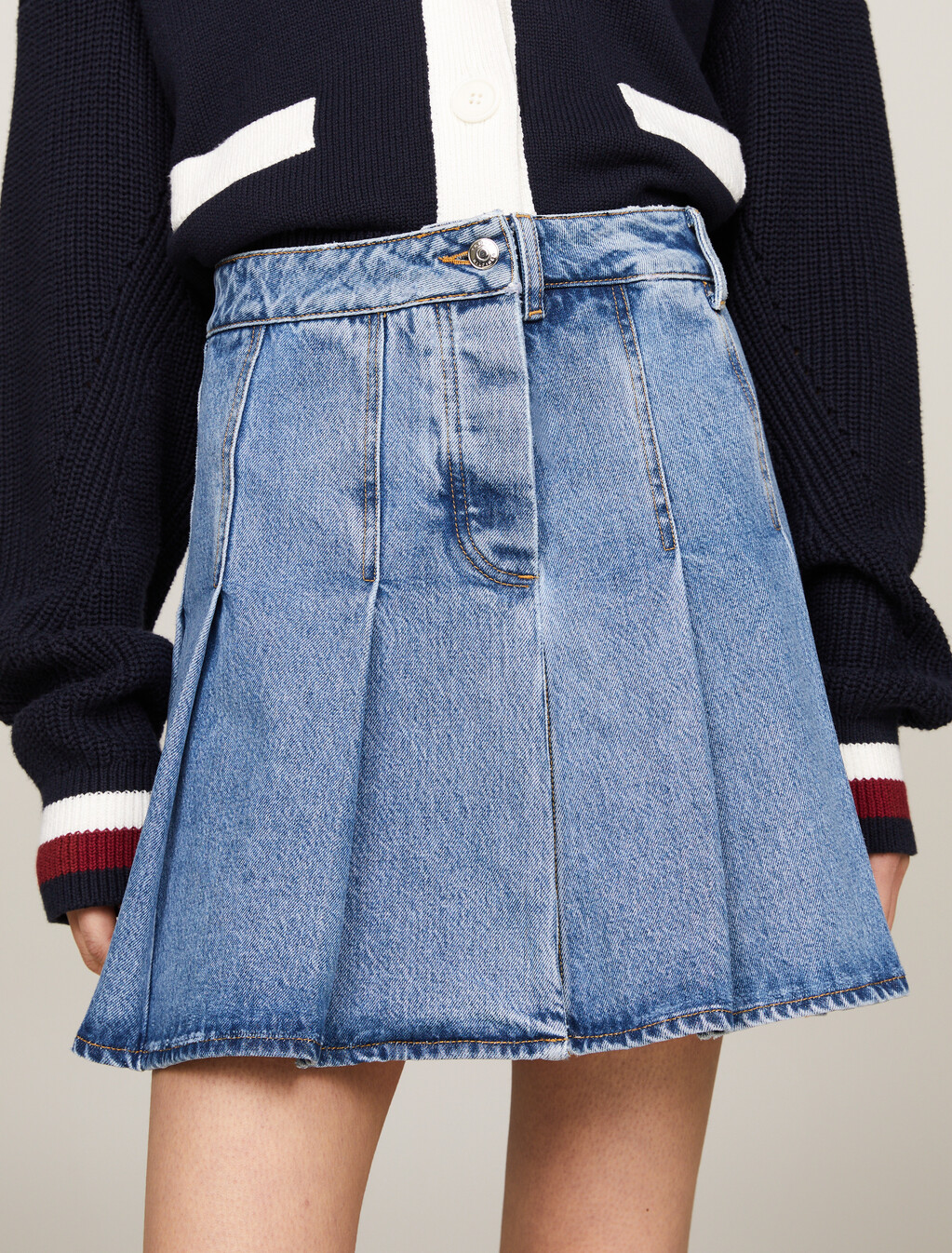 Pleated Denim Mini Skirt, Indigo, hi-res