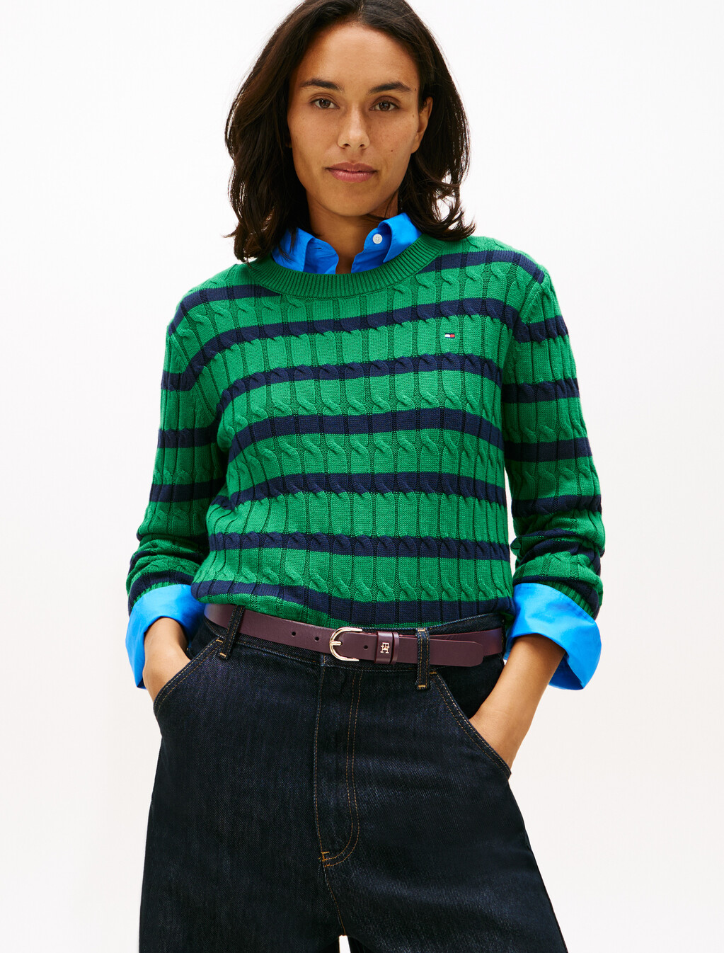 Cable Knit Crew Neck Jumper, Nouveau Green/Navy Breton Stp, hi-res