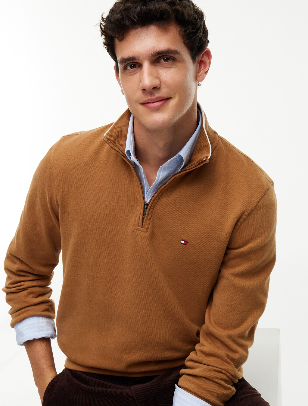 French Rib Knit 1/4 Zip Sweater, Timeless Tawny, hi-res