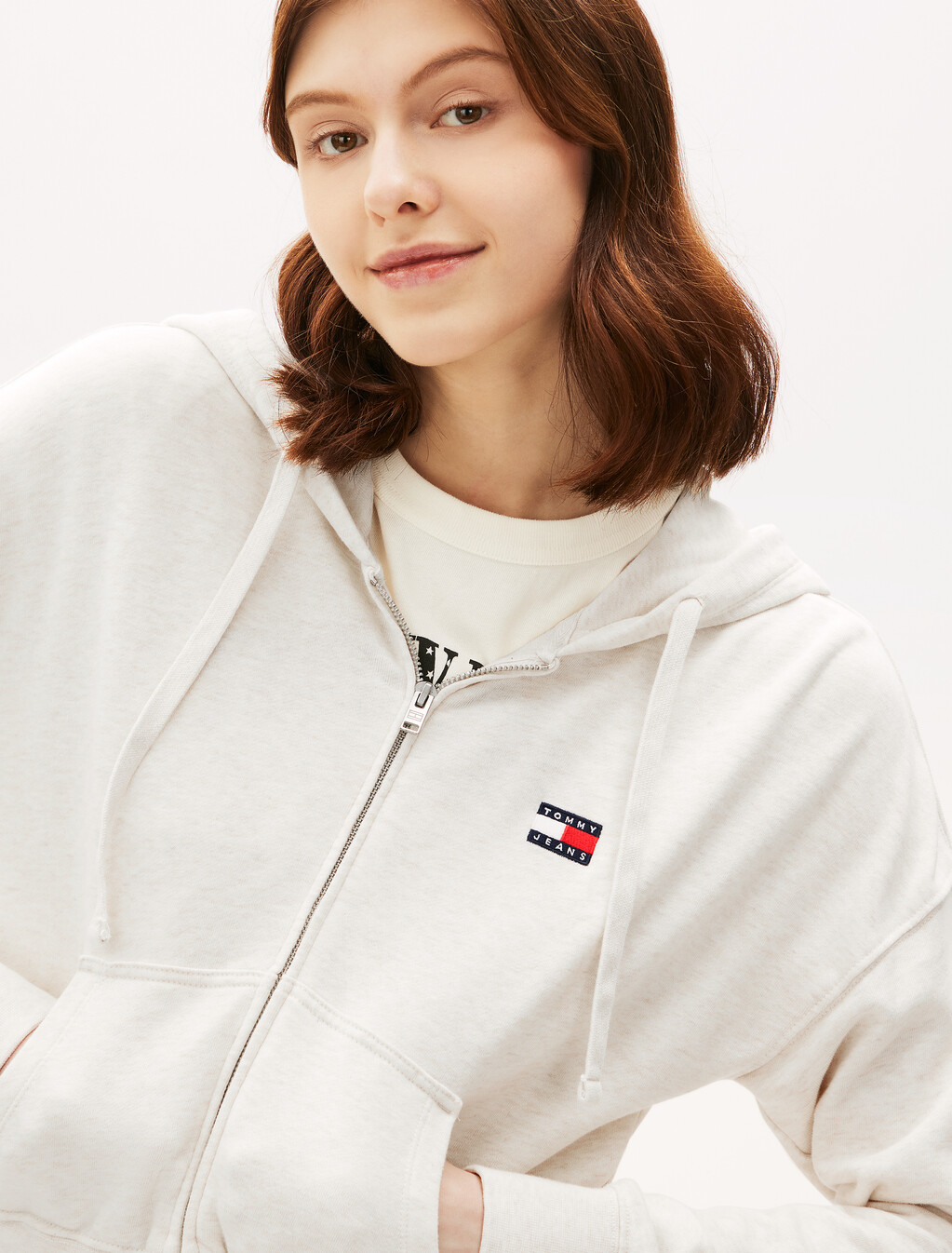 Boxy Cropped Zip Through Hoodie, Oat Marl Htr, hi-res