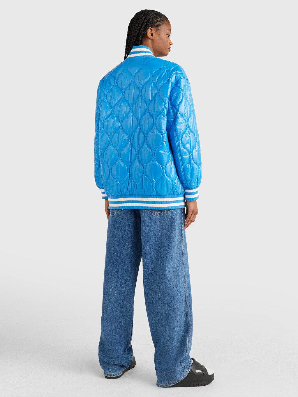 Shiny Quilted Bomber Jacket, Deep Sky Blue, hi-res