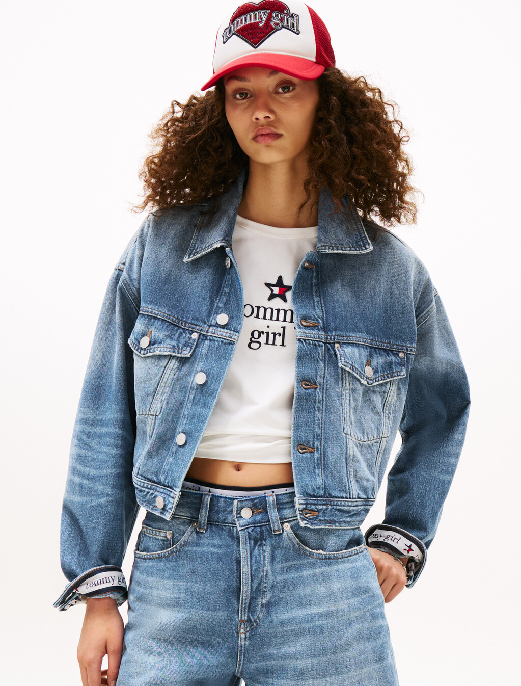 Tommy Girl Back Logo Cropped Oversized Denim Jacket, Indigo Wash, hi-res