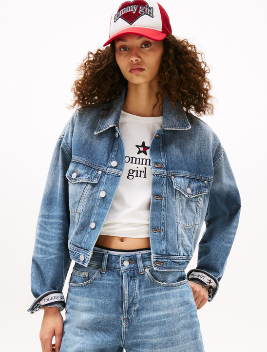 Tommy Girl Back Logo Cropped Oversized Denim Jacket