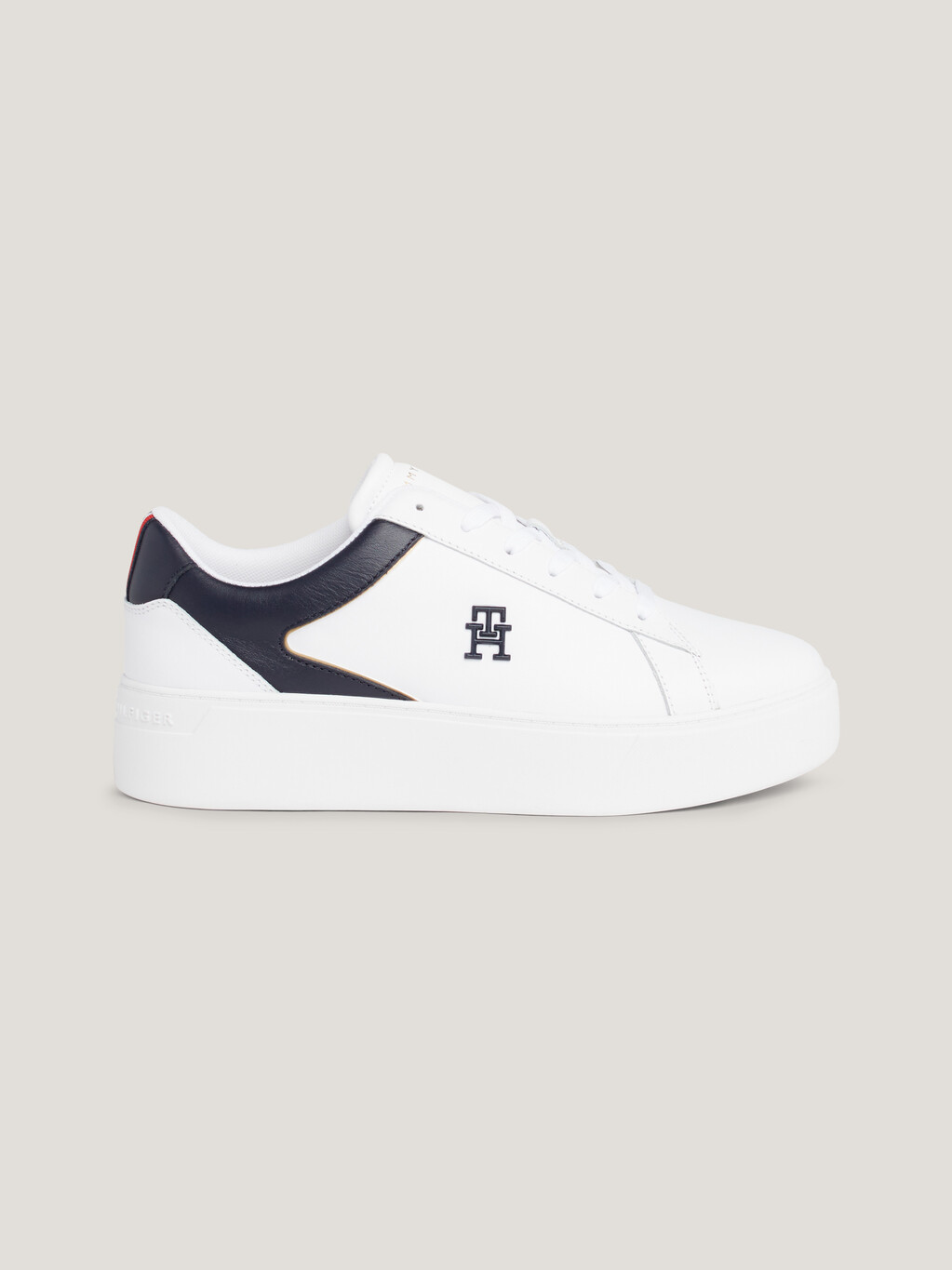 Leather Platform Court Trainers, White/Space Blue, hi-res